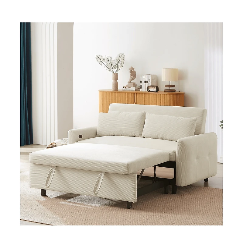 Maison Boucle 57.48" Pull Out Sleeper Loveseat, Convertible Sofa Bed with Usb Ports & Adjustable Backrest for Small Spaces-Maison