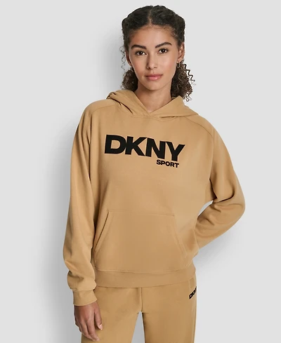 Dkny Women's Flock Logo Kanga Pocket Pull-On Hoodie