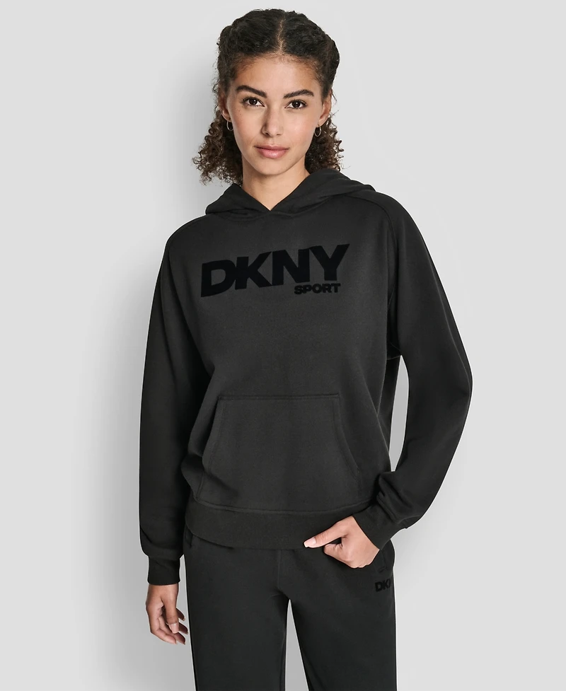 Dkny Women's Flock Logo Kanga Pocket Pull-On Hoodie