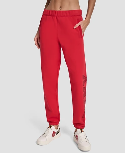 Dkny Women's Exploded Rhinestone Varsity Logo High Rise Relaxed Jogger