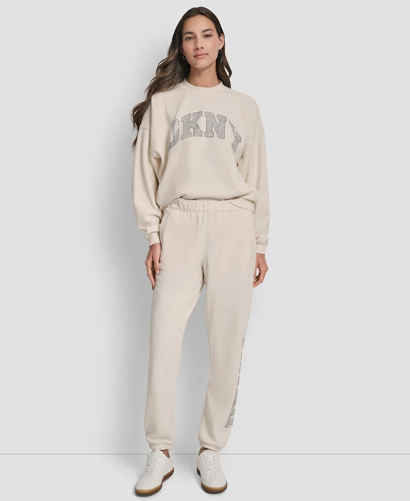 Dkny Women's Exploded Rhinestone Varsity Logo High Rise Relaxed Jogger