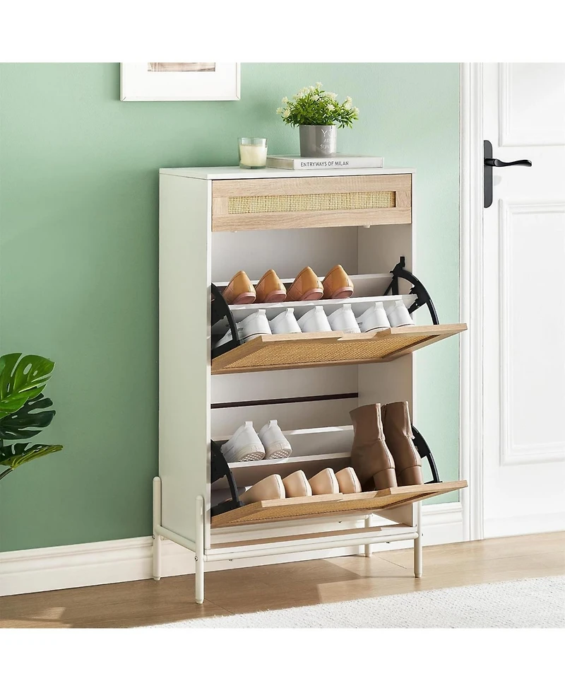 Natural Rattan Storage Cabinet with 2 Flip Drawers, Wooden Entry Way Cabinet with Storage with Adjustable Shelf and Metal Legs, White