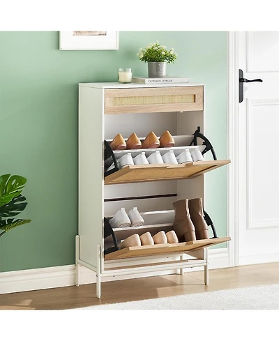 Natural Rattan Storage Cabinet with 2 Flip Drawers, Wooden Entry Way Cabinet with Storage with Adjustable Shelf and Metal Legs, White