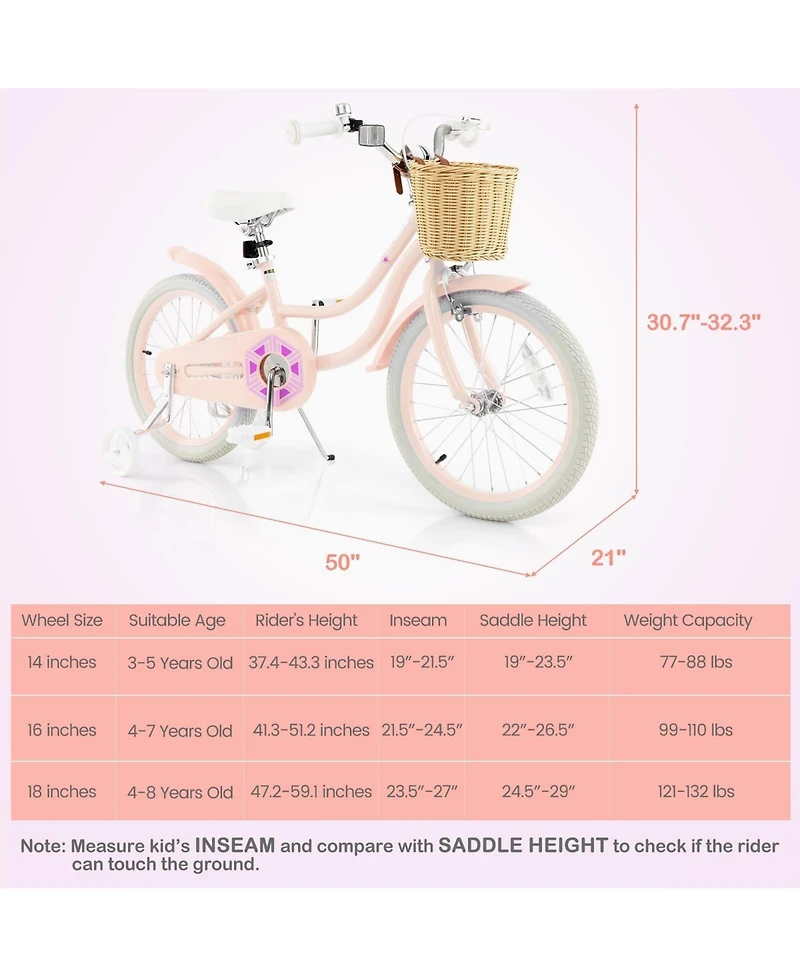 18-Inch Kids Bike with Training Wheels and Adjustable Handlebar Seat-Pink