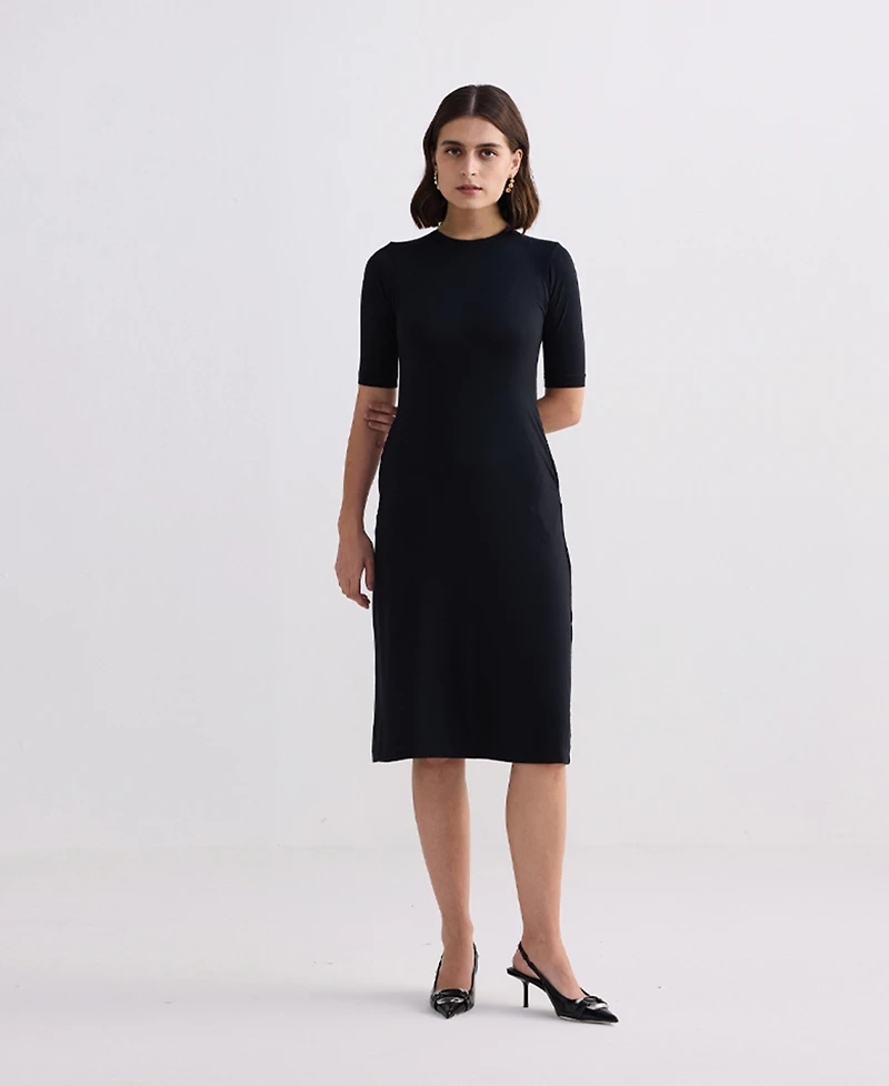 Reistor Women's High Crew Neck Elbow Sleeves Fitted Dress Black