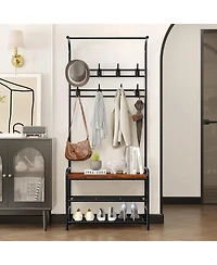 Hall Tree Shoe Bench, 4-in-1 Industrial Entryway Storage Bench with 8 Sturdy Hooks, Freestanding Coat Rack for Small Spaces, Apartments, Retro Brown