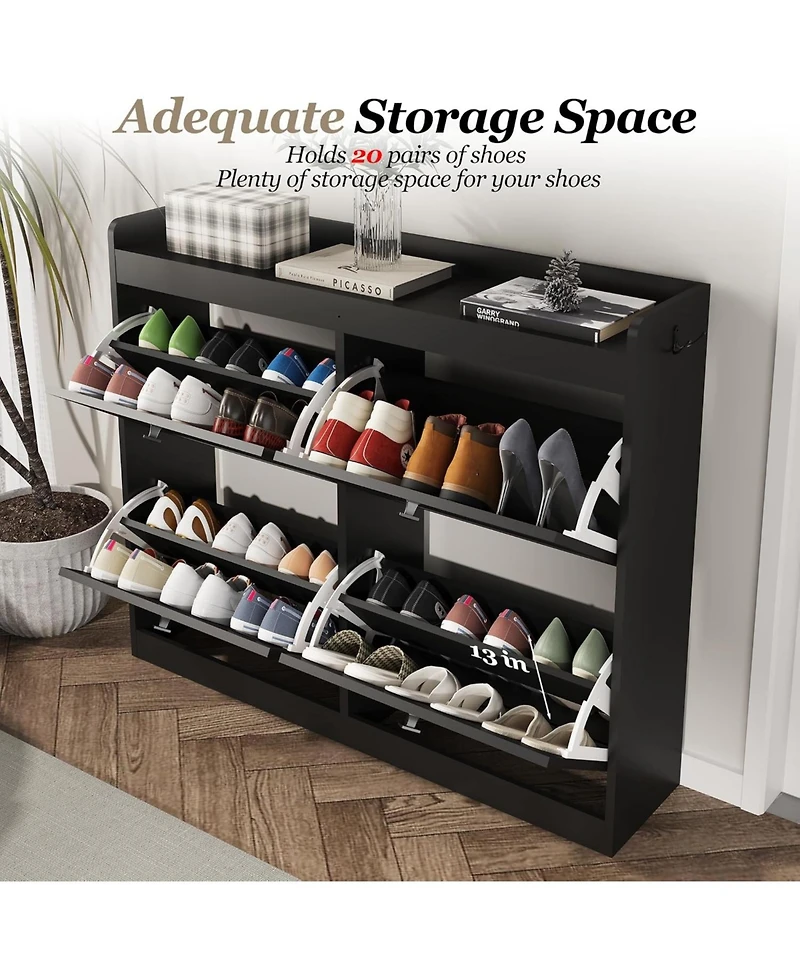 gaomon Large Shoe Storage Cabinet with 4 Flip Drawers, Narrow Shoe Cabinet for Entryway with Wooden Legs, Freestanding Hidden Shoe Rack Organizer for
