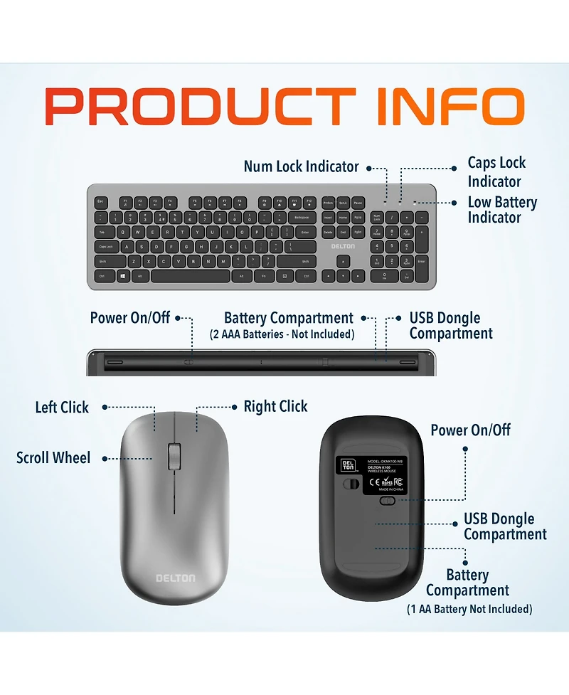 Delton K100 Ergonomic Wireless Keyboard & Mouse Set (DKMK100-wb)