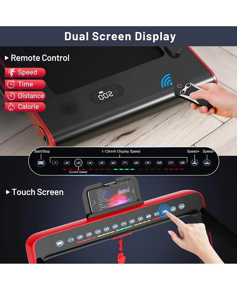 2-in-1 Electric Motorized Health and Fitness Folding Treadmill with Dual Display and Speaker-Red