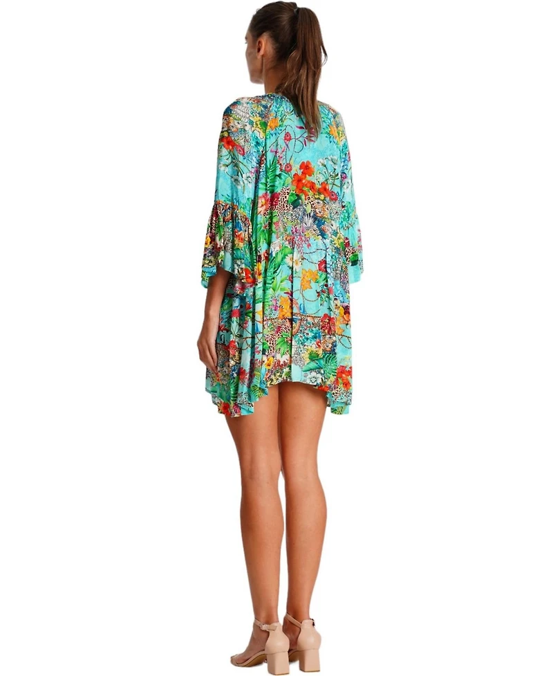 La Moda Clothing Women's Multicolor Mini Dress with Side Asymmetrical Hem and Beaded Neckline