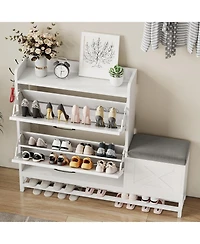 gaomon Shoe Cabinet with 2 Flip-Drawers & Storage Bench, Farmhouse Wood Freestanding Shoe Rack with 2 Hooks & Bottom Shelf for Entryway, Living Room,