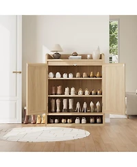 gaomon Rattan Shoe Cabinet with 2 Doors, Wooden Shoe Storage Organizer with Adjustable Shelves, 5-Tier Shoe Storage Cabinet for Entryway, Hallway, Clo