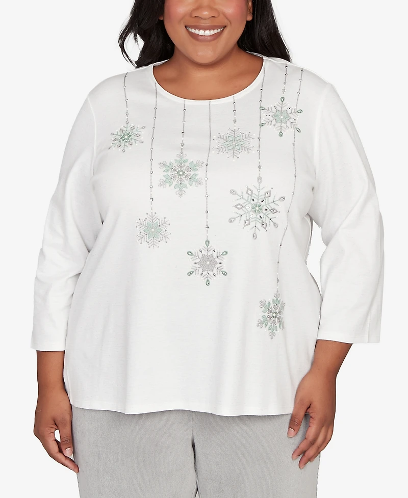 Alfred Dunner Plus Stockbridge Snowflake Crew Neck Top
