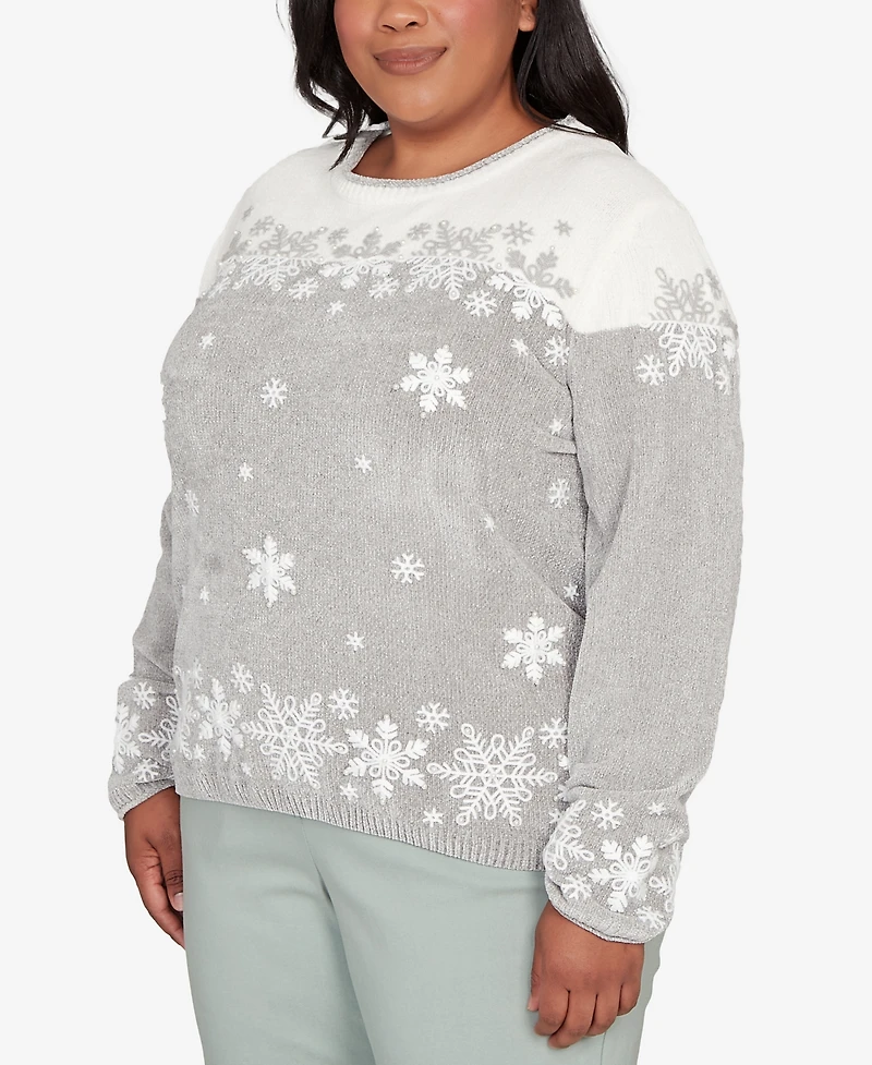 Alfred Dunner Plus Stockbridge Snowflake Embroidery Chenille Sweater