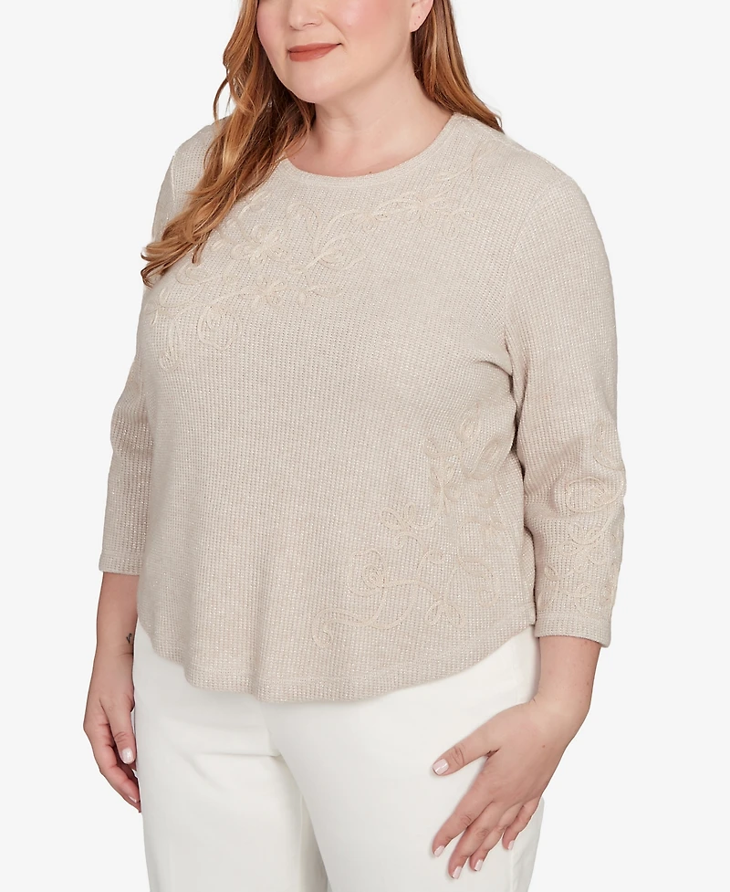 Alfred Dunner Plus Vienna Asymmetrical Floral Soutache Knit Top