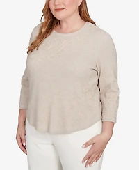 Alfred Dunner Plus Vienna Asymmetrical Floral Soutache Knit Top