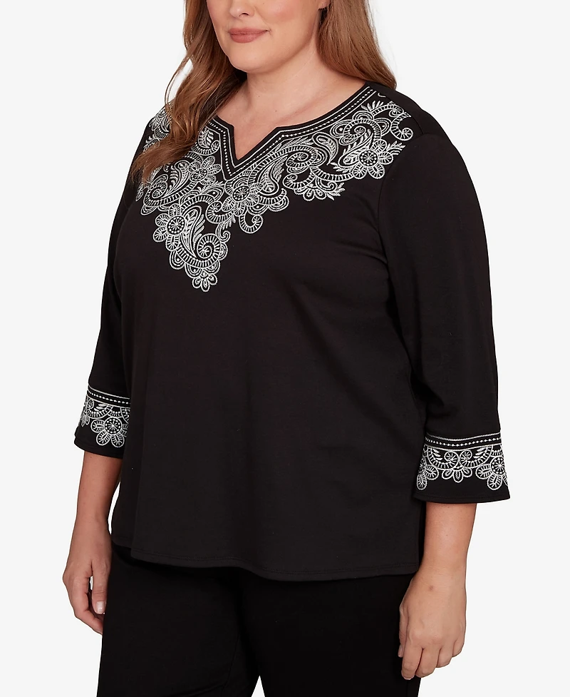 Alfred Dunner Plus Barcelona Embroidered Scroll Accent Soft Knit Top