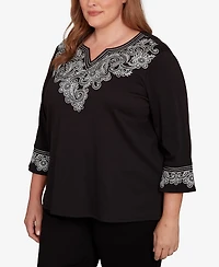 Alfred Dunner Plus Barcelona Embroidered Scroll Accent Soft Knit Top