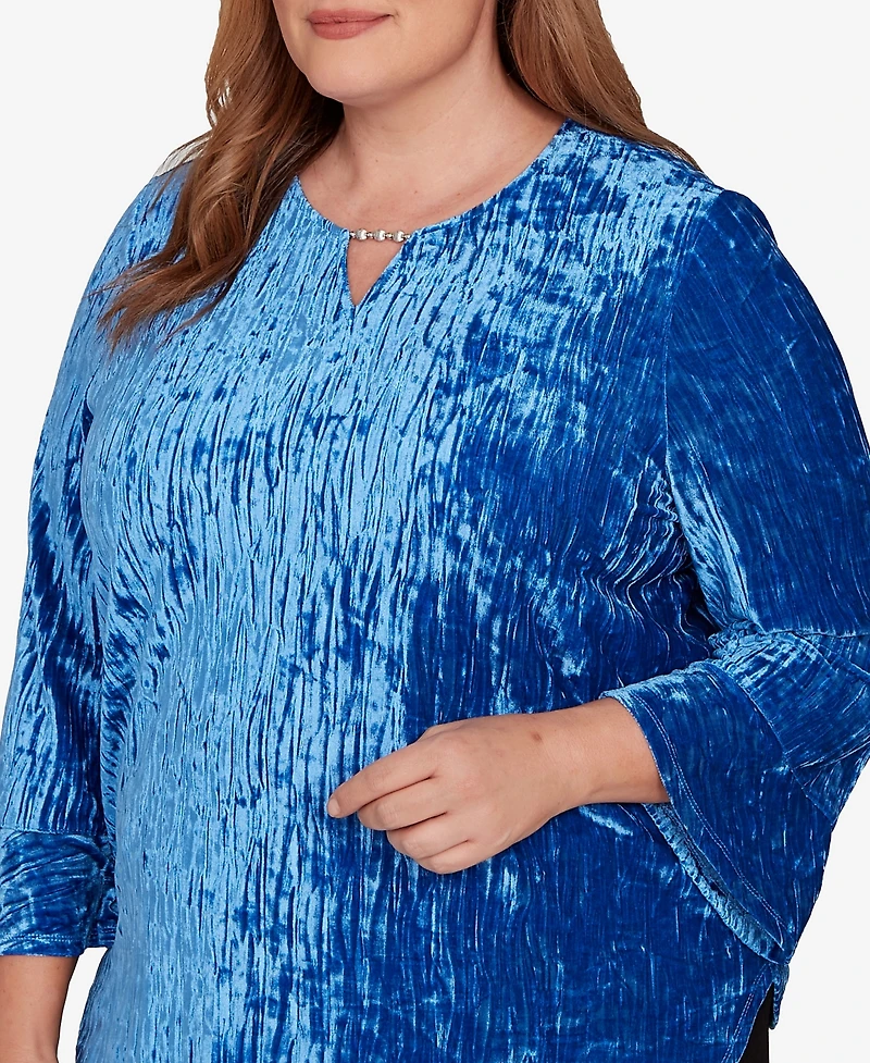 Alfred Dunner Plus Barcelona Crushed Velvet Keyhole Bell Sleeve Top