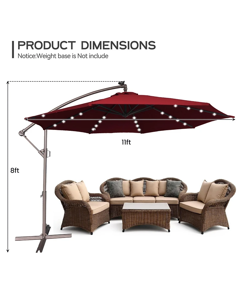 Clihome 11FT Solar Offset Umbrella with 32 Led Lights Cantilever Hanging Outdoor Umbrellas Handy Crank & Cross Base for Deck/Backyard/Pool,Red