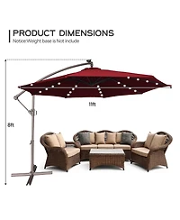Clihome 11FT Solar Offset Umbrella with 32 Led Lights Cantilever Hanging Outdoor Umbrellas Handy Crank & Cross Base for Deck/Backyard/Pool，Red
