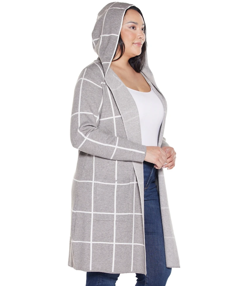 Belldini Plus Hooded Windowpane Plaid Cardigan Sweater