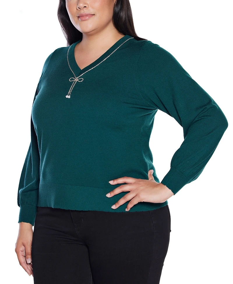 Belldini Plus Size V-Neck Rhinestone-Bow Sweater
