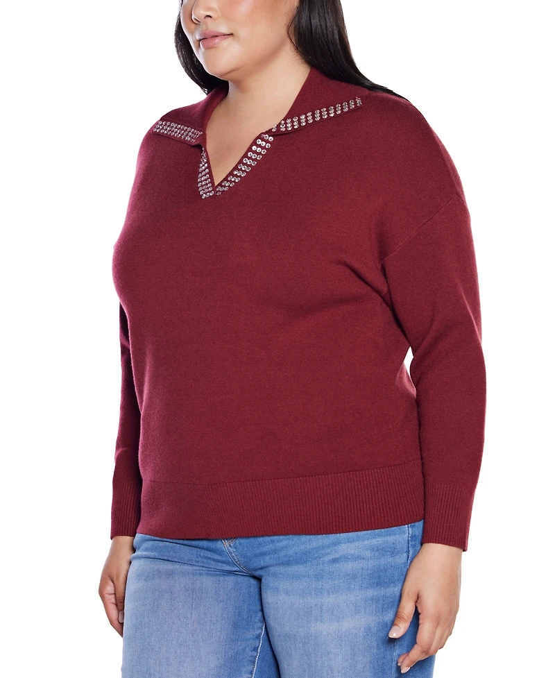 Belldini Plus Size Rhinestone-Trimmed Split-Neck Sweater