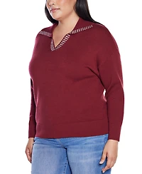 Belldini Plus Size Rhinestone-Trimmed Split-Neck Sweater