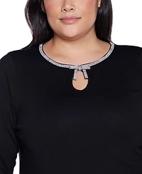 Belldini Plus Size Women's Embellished Keyhole Crew Neck Sweater