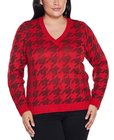Belldini Plus Stylized-Houndstooth V-Neck Sweater