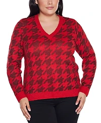 Belldini Plus Stylized-Houndstooth V-Neck Sweater