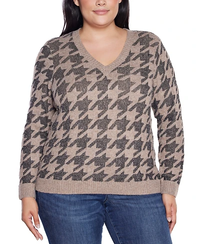 Belldini Plus Size Stylized-Houndstooth V-Neck Sweater
