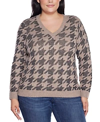 Belldini Plus Size Stylized-Houndstooth V-Neck Sweater