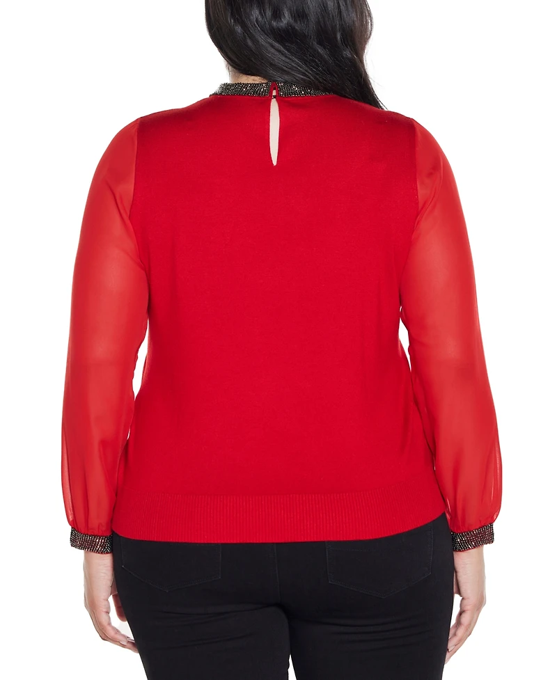 Belldini Plus Black Label Rhinestone-Neckline Chiffon-Sleeve Sweater