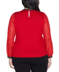 Belldini Plus Black Label Rhinestone-Neckline Chiffon-Sleeve Sweater