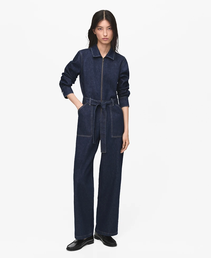 Mango Women's Belt Denim Jumpsuit