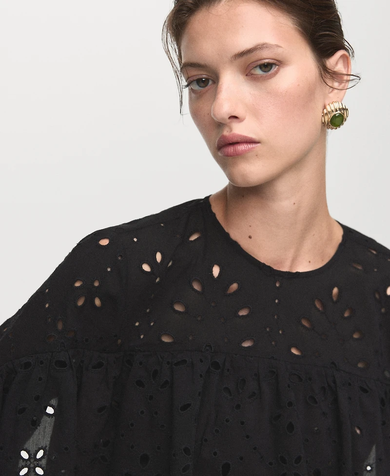 Mango Women's Embroidered Eyelet Ruffles Blouse