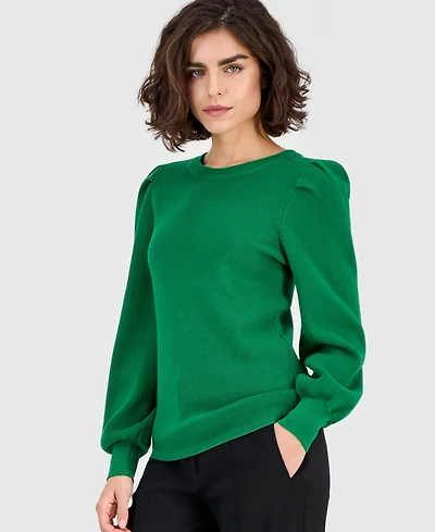 Ak Anne Klein Women's High-Crewneck Long-Puff-Sleeve Sweater