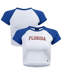 Hype and Vice Women's White/Royal Florida Gators Homerun Cropped Raglan T-Shirt
