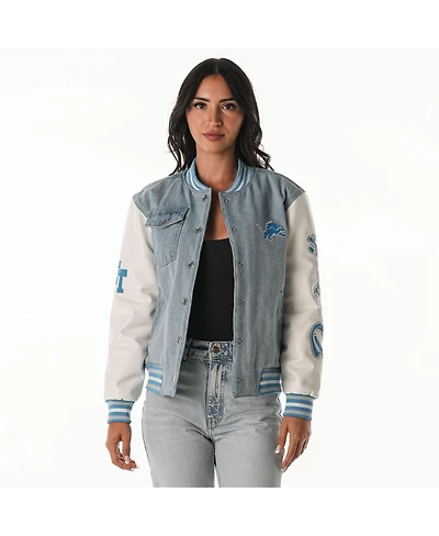 The Wild Collective Women's Denim Detroit Lions Varsity Full-Snap Jacket