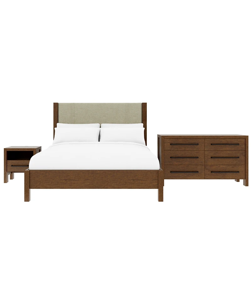 Davie Cracked Oak Queen 3-Pc. Bedroom Set (Upholstered Bed, Dresser & 1-Drawer Nightstand)