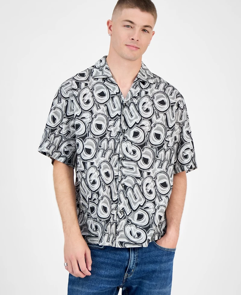 Hugo Boss Men's Eligino Short-Sleeve Logo Print Button-Front Camp Shirt