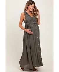 Pinkblush Olive Deep V-Neck Sleeveless Button Down Maternity Maxi Dress