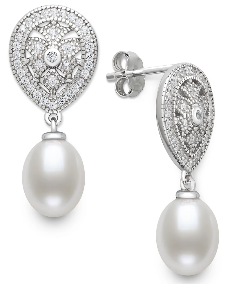 Belle de Mer Cultured Freshwater White Pearl (8-9mm) and Lab Created Sapphire Drop Earrings in Sterling Silver