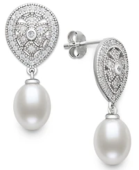 Belle de Mer Cultured Freshwater White Pearl (8-9mm) and Lab Created Sapphire Drop Earrings in Sterling Silver