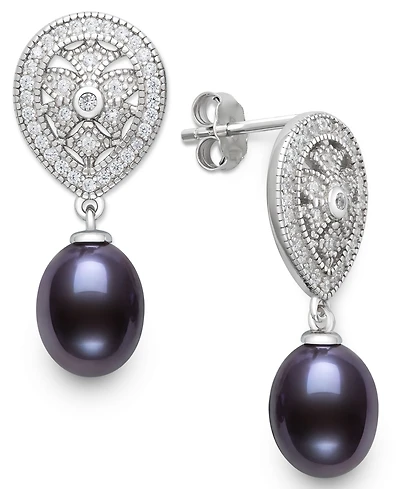 Belle de Mer Cultured Freshwater Peacock Black Pearl (8-9mm) and Lab Created Sapphire Drop Earrings in Sterling Silver