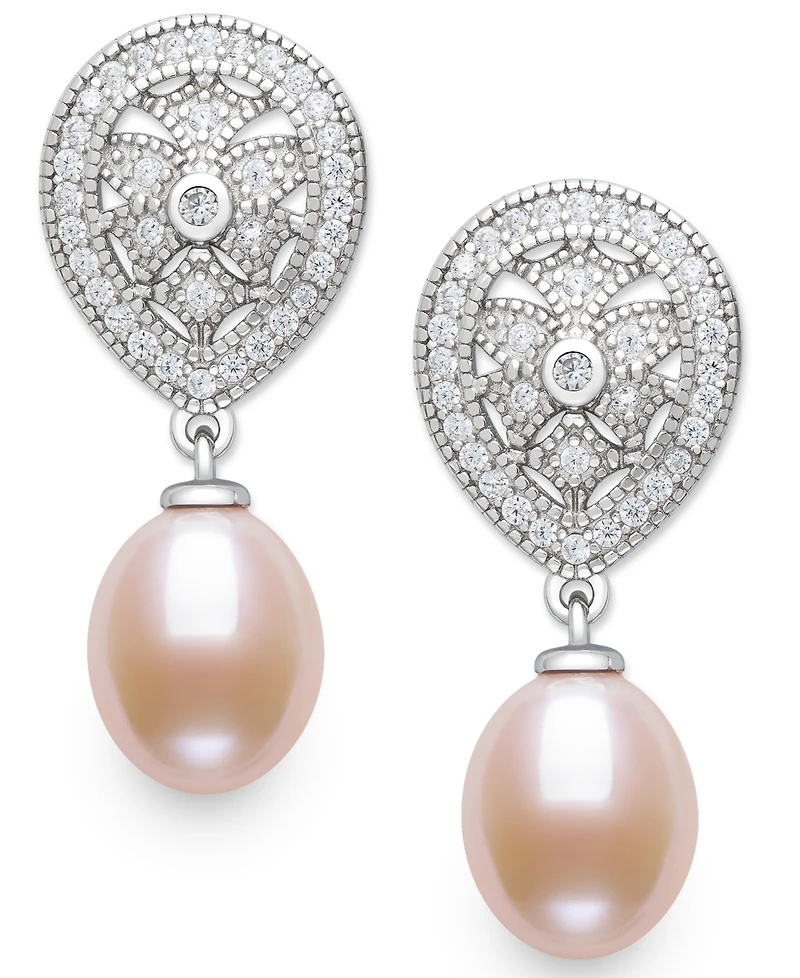 Belle de Mer Cultured Freshwater Blush Pink Pearl (8-9mm) and Lab Created Sapphire Drop Earrings in Sterling Silver
