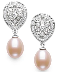 Belle de Mer Cultured Freshwater Blush Pink Pearl (8-9mm) and Lab Created Sapphire Drop Earrings in Sterling Silver