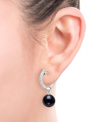 Belle de Mer Cultured Freshwater Peacock Black Pearl (10-11mm) and Lab Created Sapphire Drop Earrings in Sterling Silver